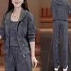 Conjunto de três peças cinza escuro alta costura moda esportivo casual feminino outono inicial 2025 novo conjunto solto que valoriza a silhueta