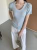 Camiseta de Punto con Cuello en U de Seda de Morera y Lana para Mujer, Manga Corta, Corte Ajustado, Color Sólido Básico, Suéter Base de Verano, 12 Colores