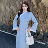 Conjunto de Duas Peças Cheongsam Chinês de Inverno Plus Size com Veludo e Manta Shawl Emagrecedora Espessa