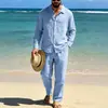 Terno Masculino de Linho Cor Sólida com Gola Lapela, Manga Longa e Calça Reta, Roupa Casual de Praia - Mais Vendido da Amazon para Primavera e Outono