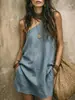 Vestido de Algodão e Linho com Ombro Único Estilo Europeu e Americano 2026 para Mulheres, Sem Mangas Solto com Bolsos Curto para Férias, Moda Feminina Transfronteiriça