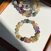 [Zijinba] Cristal Super Siete Negro Dorado Natural Cristal Amarillo Torre Pulsera de Cuentas Ojo de Tigre Dorado Pulsera Flor Roja de Goma Nicho