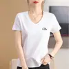 Camiseta feminina de algodão mercerizado lisa com bordado de elefante, estilo coreano, decote V, tamanho grande, solta, modeladora, fio de algodão, manga curta simples