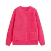 Cárdigan de punto casual de cuello redondo, de un solo botón, con doble bolsillo y manga larga, chaqueta suéter casual de moda de otoño para mujer