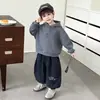 Conjunto de Moletom com Capuz e Listras para Meninos Estilo Coreano Moletom com Forro de Lã Infantil Conjunto Esportivo de Duas Peças Roupas de Inverno para Bebês
