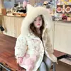 Nova jaqueta de inverno acolchoada de algodão para crianças, jaqueta de plumas com capuz estampada floral, moderna e grossa, para meninas e bebês