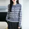 Cardigan de tricô listrado com lapela para mulheres, cardigan curto com blocos de cor retrô em imitação de lã, peça externa elegante de manga longa para baixinhas