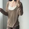 Camiseta Holgada Delgada Ligeramente Transparente de Manga Larga Cuello en U Profundo Hombros Descubiertos Uso Bidireccional Ropa Deportiva Exterior para Mujer Top Casual