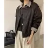 Camisa de Rayas Estilo Retro Occidental Estilo Hong Kong Chaqueta de Cuero para Mujer Primavera y Otoño 2025 Nueva Chaqueta Coreana de Dos Piezas Falsas