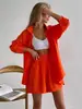 Conjunto de Dos Piezas de Algodón Moda Nueva Primavera/Verano 2026 Europeo y Americano Camisa de Manga Larga con Cuello de Solapa y Bolsillo de Botón Shorts de Pierna Ancha Sueltos
