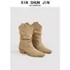 Botines Finos de Punta Aguda Botas Estilo Martin para Mujer 2025 Nuevo Otoño e Invierno Tacón Grueso Retro Botas de Jinete Botas Western Fruncidas