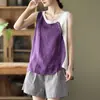 Camisola artística de algodão e linho 2023 verão nova, modelagem solta para mulheres, top fino assimétrico com decoração de botões e patchwork moderno