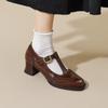 Cinto Marrom Estilo Retrô com Fivela em T Sapatos Mary Jane Primavera 2025 Novos Brock Esculpidos Couro de Vaca Salto Alto Camada Única para Mulheres