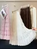 Falda larga de malla abullonada estilo suave para mujer, otoño, cintura alta, fluida, holgada, plisada, línea A, estilo pastel