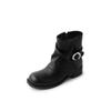 Botines Estilo Chica Dulce y Fresca Picante con Hebilla Redonda Metálica, Piel de Vaca, Invierno 2025, Tacón Medio Grueso, Puntera Redonda Fruncida, Piel Genuina, Botines Cortos Únicos para Mujer