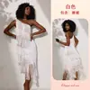 Vestido largo Feiyun estilo europeo y americano de un hombro con adornos de pedrería y múltiples capas de flecos, sin mangas, espalda descubierta, vestido sexy de malla transparente 1233