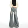 Jeans Anchos de Tiro Bajo Desgastados Estilo Retro Americano para Mujer Primavera/Otoño Holgados Estilo BF Perezoso Versátiles para Mujeres Menudas Pantalones Rectos