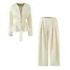 Fábrica de Ropa para Mujer Transfronteriza Venta al por Mayor Moda Europea y Americana Casual Chaqueta Corta con Cintura Definida de Cuello en V + Traje de Pantalón