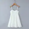 1752-26 Primavera Estilo Americano Ajustado Cuello en V Abotonado Blanco Floral Calado Vestido Falda Corta