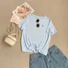 Camiseta de Manga Corta con Bordado Sencillo de Poni, Ligera y Transpirable de Lyocell, Corte de Hombro Regular, Adelgazante, Top Casual Versátil de Cuello Redondo para Verano