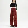 Comércio Transfronteiriço Estilo Americano Angorá Tingido de Vermelho Calça Cargo Outono Novo Estilo de Hong Kong Cintura Alta Multi-Bolsos Solta Perna Larga