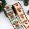 Cinta de grosgrain imitación lino, estampado de vaca de las Highlands, cinta tejida con borde de alambre, cinta decorativa para corona y lazo de Navidad al por mayor