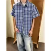 Camisa de Cuadros Botones Estilo Retro Americano Color Block para Hombre, Primavera y Verano Holgada Casual Versátil Camisa de Manga Corta para Pareja para Hombre