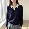 Elegante top polo em malha canelada para mulheres, novo estilo primavera/outono 2026, color-blocking único, deslumbrante blusa base interna