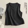 Foto Real de Chaleco de Color Sólido Artístico de Cuello Redondo de Algodón y Lino con Tirantes para Mujer, Tops Versátiles Casuales sin Mangas para Capas de Verano para Mujer