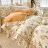 Falda de Cama Estilo Princesa Coreana Juego de Cama de Cuatro Piezas 100% Algodón Puro Relleno Total de Algodón Funda de Edredón de Celebridad de Internet Juego de Cama de Tres Piezas Sábana