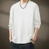 Camiseta de manga larga para hombre, color liso, talla grande, de seda de leche, para primavera y otoño, estilo Hong Kong, casual, holgada, cuello redondo, capa base
