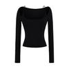 Top de Manga Larga Ajustado con Cuello Cuadrado Sexy para Mujer 2025 Otoño e Invierno Nuevo Falso Dos Piezas Efecto Adelgazante