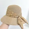 Sombrero de Paja para Mujer Verano Plegable Protector Solar Facial Sombrero de Playa Cinta de Lazo Fresco Pastoral Vacaciones Sombrero de Pescador
