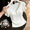 Camiseta de Manga Corta con Cuello en V y Diseño de Hoja de Loto Estilo Nuevo 2026 para Mujer, Moda de Verano Elegante, Corte Ajustado, Versátil, Top de Hombro Normal