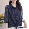 Camisa de Chiffon Estampada para Mulheres, Roupa de Verão para Mães, Lapela com Cadarço, Camisa Manga Três Quartos Estilo Chinês, Blusa Estilo Retrô