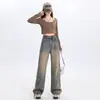 Cor de Barro Amarelo Jeans Reto Vintage Antigo Feminino Primavera e Outono Tamanho Grande Cintura Alta Solto Emagrecimento Estilo Americano Calças de Perna Larga