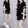 Ropa de Mujer de Talla Grande Estilo Europeo para Chicas Gorditas Suelta Adelgazante Casual Moda Bloque de Color Traje Deportivo Shorts de Verano Conjunto de Dos Piezas