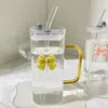 Vaso de Agua Cuadrado Transparente Sencillo con Asa de Lazo, Vaso con Popote de Vidrio, Taza de Vidrio Resistente a Altas Temperaturas para Café y Leche, Vaso de Vidrio