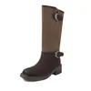 Botas de tornozelo estilo europeu, de corte solto, perna larga, com fivela dupla, 2026, feitas de camurça de vaca, com salto médio grosso e bico redondo, botas de couro genuíno até a panturrilha para mulheres