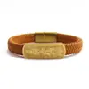 Pulsera de Acero de Titanio Estilo Xizang de Cinco Sutras para Hombres y Mujeres, Pulsera Versátil Color Oro Arena, Pulsera de Cordón de Cuero, Venta al por Mayor