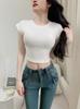 Top Retro Estilo Americano Ajustado Ombligo 2024 Verano Cintura Ajustada Corto Dulce Chica Picante Hombro Manga Corta Camiseta de Mujer Nuevo