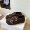 2026 Inverno Novo Estilo Sapatos Mocassins de Lã com Fivela de Couro Moda Solado Grosso Mules com Forro de Pelúcia Sapatos de Algodão