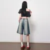 Jeans de Pierna Ancha Patchwork Desgastado Estilo Retro Hong Kong Color Naranja Infantil para Mujer, Corte Holgado, Adelgazantes, Favorecedores, Versátiles Pantalones de Cinco Puntos.