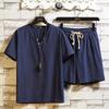 Conjunto de Camiseta de Verano Nueva Estilo Chino para Hombre con Cuello en V de Color Sólido y Pantalones Cortos, Conjunto Casual Deportivo Juvenil de Algodón y Lino de Dos Piezas