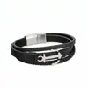 Pulsera Popular para Hombre de Acero Inoxidable y Cordón de Cuero Estilo Europeo y Americano, Diseño de Ancla para Verano, Cierre Magnético que se Puede Abrir y Cerrar