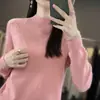 Suéter base de punto 100% lana sin costuras de una sola pieza estilo coreano con cuello semi-alto hueco, color liso, nuevo para otoño e invierno, para mujer