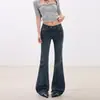 Pantalones de campana ajustados de cintura baja sexy con estampado de bambú azul grisáceo oscuro retro transfronterizos pantalones largos azul grisáceo