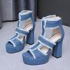 Sandalias de Tacón Alto Talla Grande de Exportación de Mezclilla Verano 2025 Estilo Nuevo Cremallera Trasera Tacón Grueso Borla Sandalias Europeas y Americanas Talla de Mujer 43
