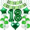 Set de globos verde y blanco con temática de bosque transfronterizo para 18 cumpleaños, pancarta de cumpleaños con bloques de color, globos de foil con números, decoraciones para fiesta de mayoría de edad