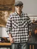 Camisa xadrez retrô americana de alta qualidade para homens, de manga comprida, novo modelo 2026, camisa de fio 100% algodão tingido na massa, atacado de tops masculinos